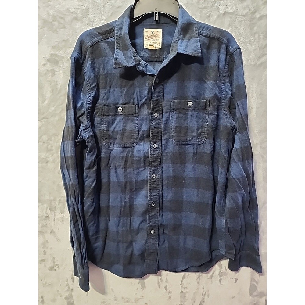 American Eagle Boyfriend Flannel Shirt L Blue Black Check Relaxed Fall Cowgirl